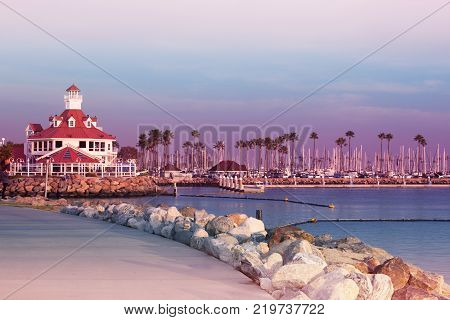 embankment on sunset California USA. Long beach Los-Angeles. Parkers' Lighthouse at Shoreline Village