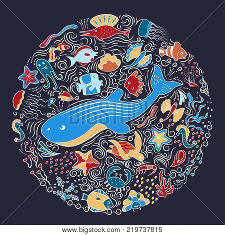 Shells, fish, deep-sea animals of the sea and ocean. Artistic lines. Template circular ornament. Beautiful, marine aquarium. Vector illustration.