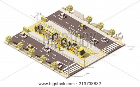 Vector isometric low poly tram on dedicated tram lane