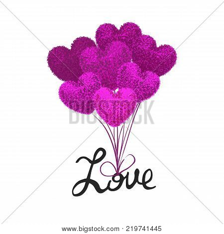 Vector colorful illustration fluffy balloons shape of heart attached to word love and lift it into air. Valentines Day cartoon style illustration. Used as posrcard poster flyer brochure banner