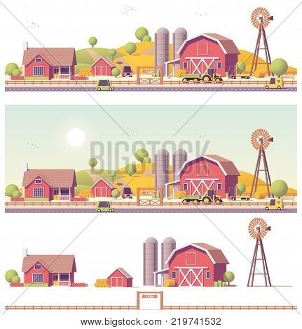 Vector low poly farm with buildings and machinery