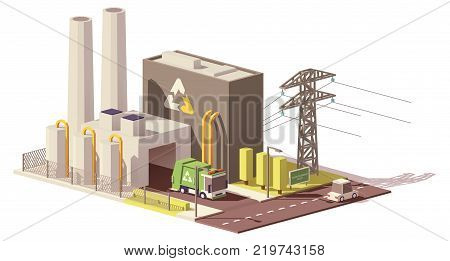 Vector low poly waste-to-energy plant icon with power line and garbage truck
