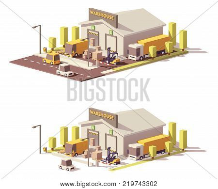 Vector low poly warehouse with trucks, forklifts and goods