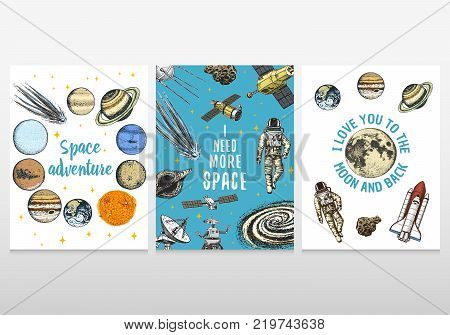 card planets in solar system and astronaut spaceman. moon and the sun, mercury and earth, mars and venus. astronomical galaxy space background. engraved hand drawn in old sketch, vintage style