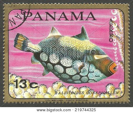 Panama - circa 1968: Stamp printed by Porugal Color edition on topic of Marine Fauna Shows Clown Triggerfish circa 1968