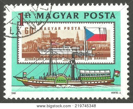 Hungary - circa 1981: Stamp printed by Hungary Color edition on Danube Commission Shows Ship Paddlesteamer Arpad circa 1981
