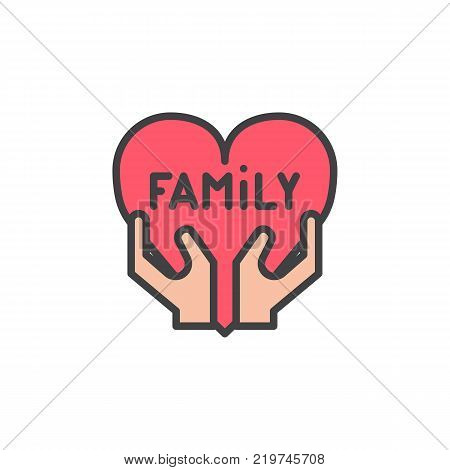 Family love filled outline icon, line vector sign, linear colorful pictogram isolated on white. Hands hold heart with family sign symbol, logo illustration. Pixel perfect vector graphics