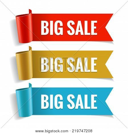 Sale banner. Realistic red, gold and blue Glossy paper ribbon. Vector illustration