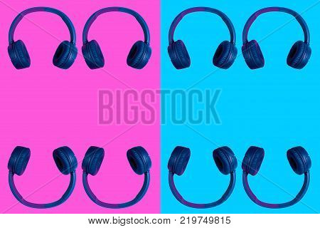 Multiple doubled wireless headphones on two colored background. Flat minimal style. Design and colors