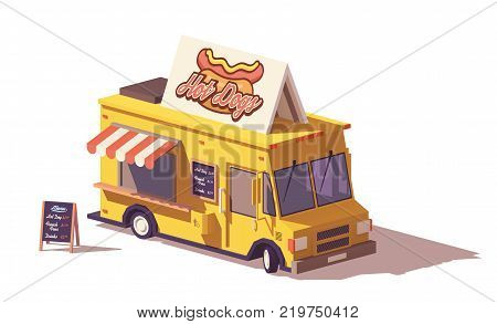 Vector low poly hot dog food truck or van with wooden menu