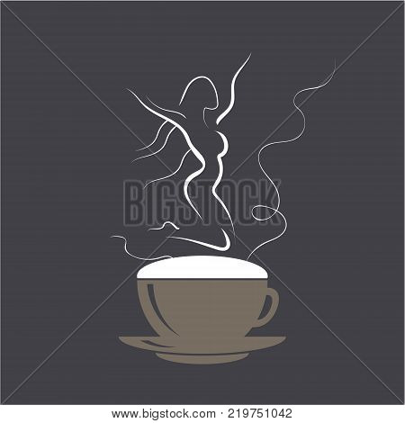 Jumping girl on cappuccino foam. Coffee cup with dancing wonan dancer. Vector illustration logo