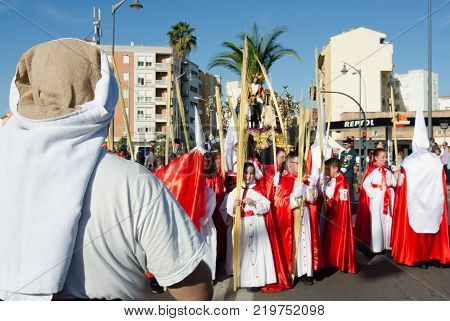 Badajoz, Spain, sunday. april .9. 2017. Procession of Nazarenes. Easter in the city of Badajoz, Extremadura, Spain