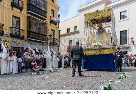 Badajoz Spain sunday. april .9. 2017 Fraternity and Brotherhood of the Triumphal Entry of Christ in Jerusalem Holy Christ of Peace and Our Lady of La Palma