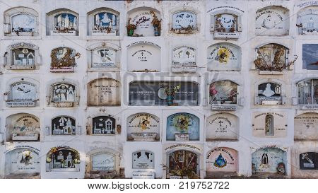 Ica Peru - August 2017: Above the ground tombs in the Ica cemetery in Peru