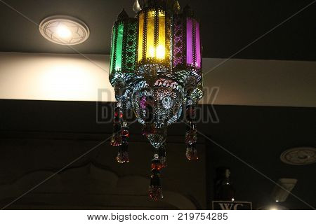 Typical Indian Lamp In Colored Glass With Texture And Soft Light