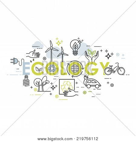 Ecology lifestyle, green energy, recycle. Vector template in linear style for your design
