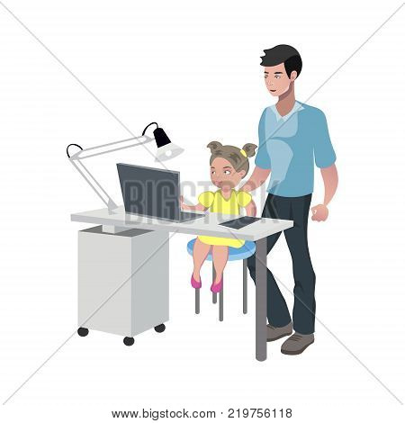 Father watching girl doing homework. Vector illustration