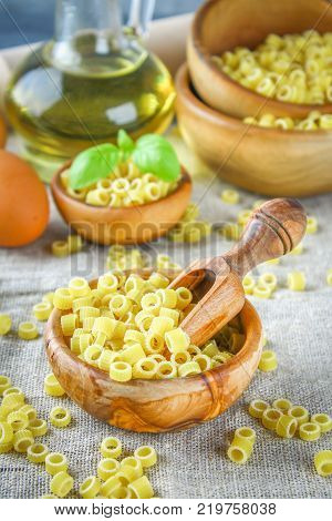 Ditalini macaroni. Pasta rings. Tubettini and thimbles Anellini