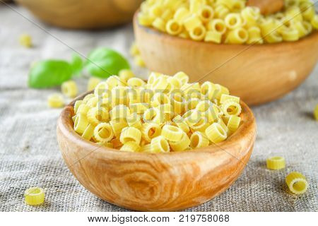 Ditalini macaroni. Pasta rings. Tubettini and thimbles Anellini