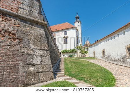Ptuj / Slovenia - August 17, 2017: Castle in Ptuj next to the Drava river