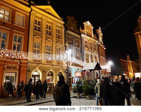 Poznan, Poland - 02 December 2017: Traditional Christmas fair in the evening