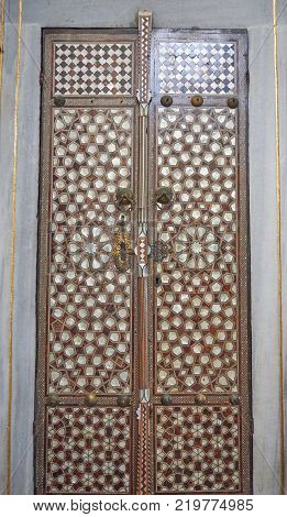 ISTANBUL, TURKEY, MARCH 30, 2015: Old ottoman mother-of-pearl and wooden door in Istanbul, Turkey