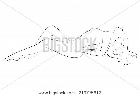 Female figure. Outline of young girl. Stylized slender body. Black and white vector illustration. Contour of a slender figure.