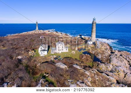Aerial view of Thacher Island Lighthouse on Thacher Island, Cape Ann, Massachusetts, USA. Thacher Island Lighthouses was built in 1771.
