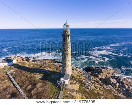 Aerial view of Thacher Island Lighthouse on Thacher Island, Cape Ann, Massachusetts, USA. Thacher Island Lighthouses was built in 1771.
