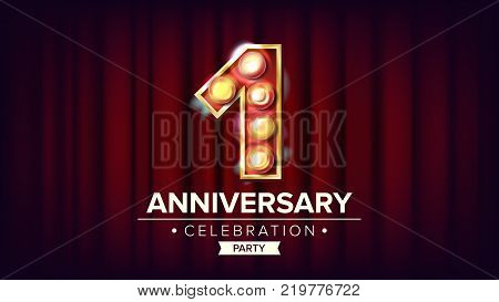 1 Year Anniversary Banner Vector. One, First Celebration. Shining Light Sign Number. For Business Cards, Postcards, Flyers, Gift Cards Design. Red Background Illustration