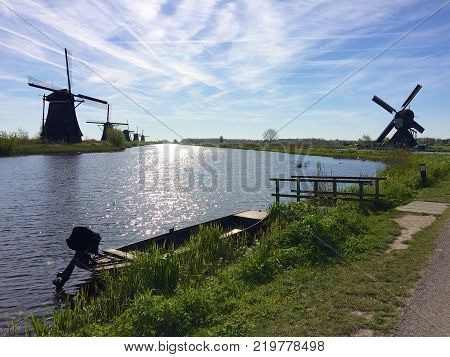 Historical windmills in Kinderdijk in the Netherlands are a part of the UNESCO world heritage