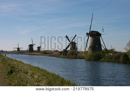 Historical windmills in Kinderdijk in the Netherlands are a part of the UNESCO world heritage