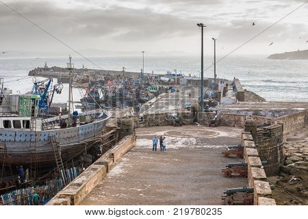 Agadir, Morocco - December 15, 2017 :sqala Du Port, A Defensive Tower At The Fishing Port Of Essaoui
