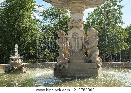 MADRID, SPAIN - MAY 24, 2017: It is an sculptural fragment of the fountain de la Alcachofa in the El Retiro Park.