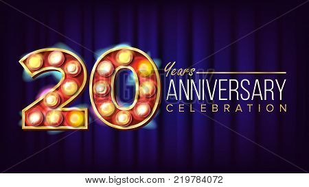 20 Years Anniversary Banner Vector. Twenty, Twentieth Celebration. Lamp Background Digits. For Flyer, Card, Wedding, Advertising Design. Business Background Illustration