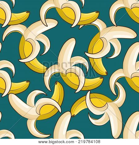 Vector seamless pattern of ripe fresh yellow peeled bananas on a blue background