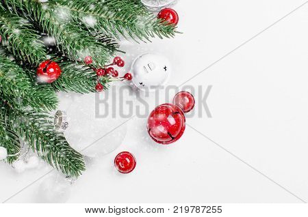 Red Christmas  Gift  Box With Red Ribbon And Fir Branches