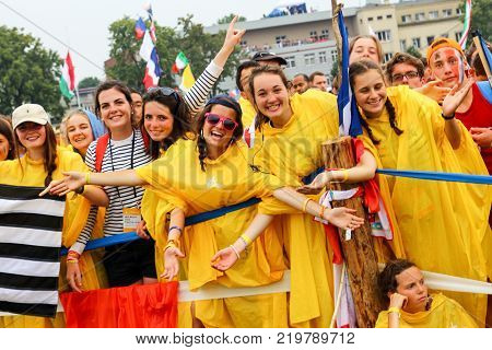 KRAKOW POLAND - 2016: Krakow Blonia World Youth Day 2016 young people greet Pope