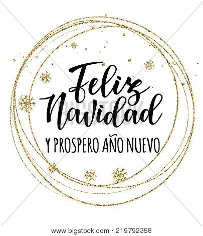 Vector illustration of a sketch greeting holiday red card and a circle frame decoration. 'Feliz Navidad y Prospero Ano Nuevo' Spanish Merry Christmas and Happy New Year.
