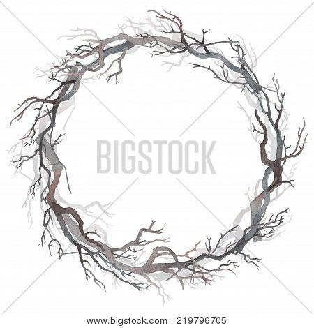 Watercolor wreath of bare branches. The beauty of winter nature.