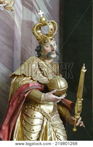 BELEC, CROATIA - NOVEMBER 17: Saint Stephen I of Hungary statue on the altar in the Baroque Church of Our Lady of the Snow in Belec, Croatia on November 17, 2011.