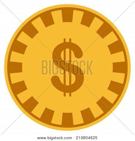 Dollar golden casino chip pictograph. Vector style is a gold yellow flat gamble token symbol.