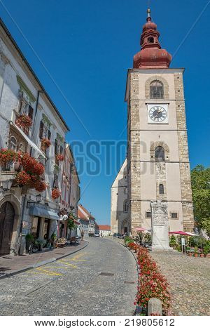 Ptuj / Slovenia - August 17, 2017: Town tower in Ptuj in summer 2017