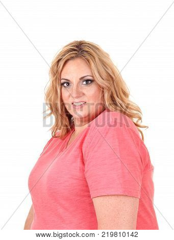 A close-up portrait of a full sized young woman with long blond hair looking into the camera isolated for white background