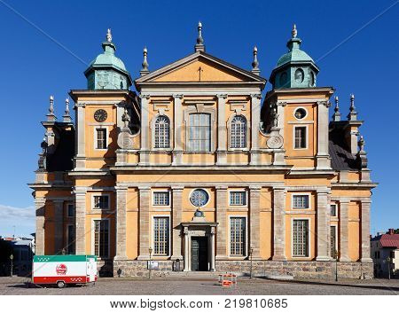 Kalmar Sweden - August 22 2017: Exterior of the Kalmar cathedral at the main square in Kalmar.