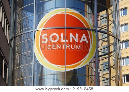 Solna Sweden - July 8 2014: Close-up of the sign above the entrance to the Solna shopping mall.