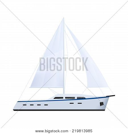 Sailing yacht with a motor. Sea or river ship, flat icon. Sea and river vehicles. Isolated on white background.