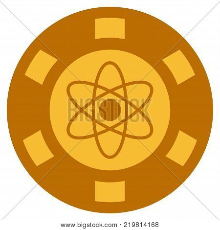 Atom golden casino chip icon. Vector style is a gold yellow flat gambling token item.