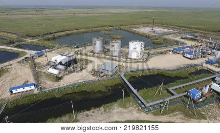 Top view of the equipment for oil separation. Equipment for the drying gas and condensate collection. Oilfield equipment.
