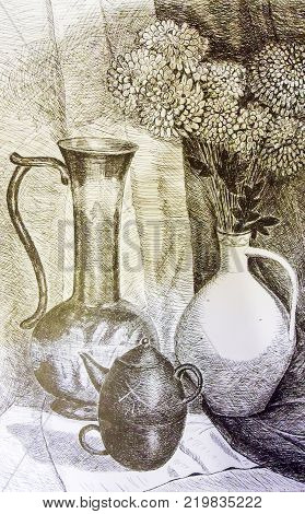 Still life. A painting depicting a still life, a vase with flowers